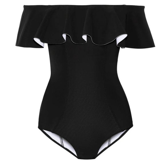 ABAD x Missguided Frill Bardot Swimsuit Black - Picture 3 of 3